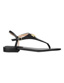 Cheap 🔔 Lauren Ralph Lauren Ellington Black Leather Flat 🩴 Sandal 👍
